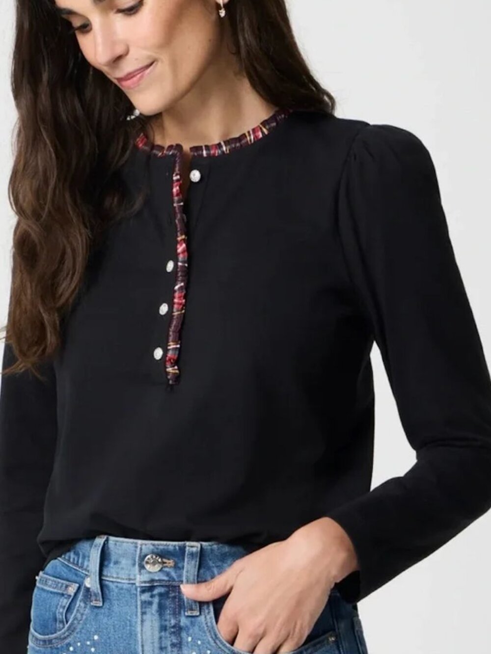 J. Crew Henley Top Tartan Plaid Trim and Jewel Buttons Women's Size Medium NEW